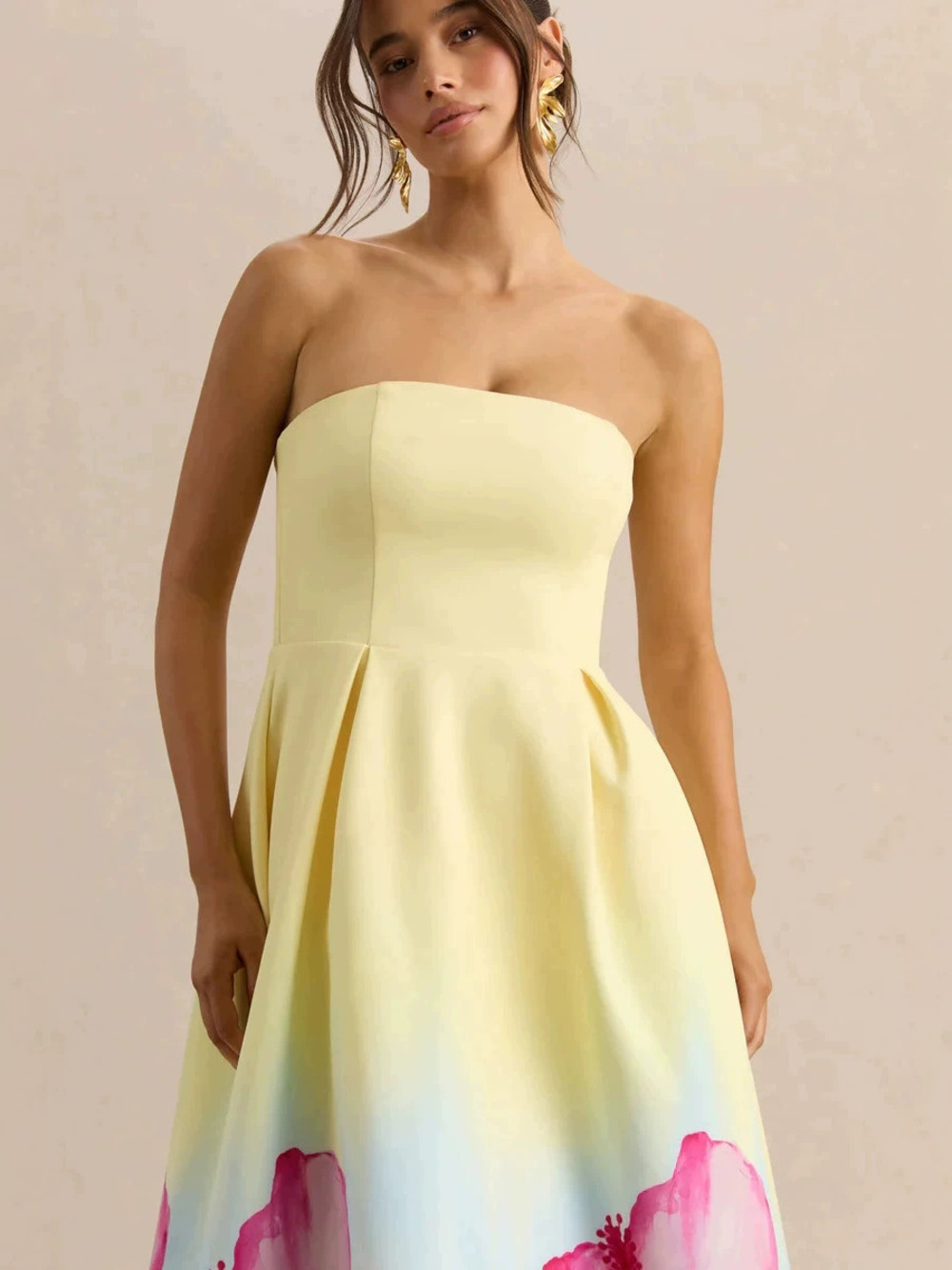 Zara Goose Yellow Strapless Gradient Print Fit and Flare A-Line Dress